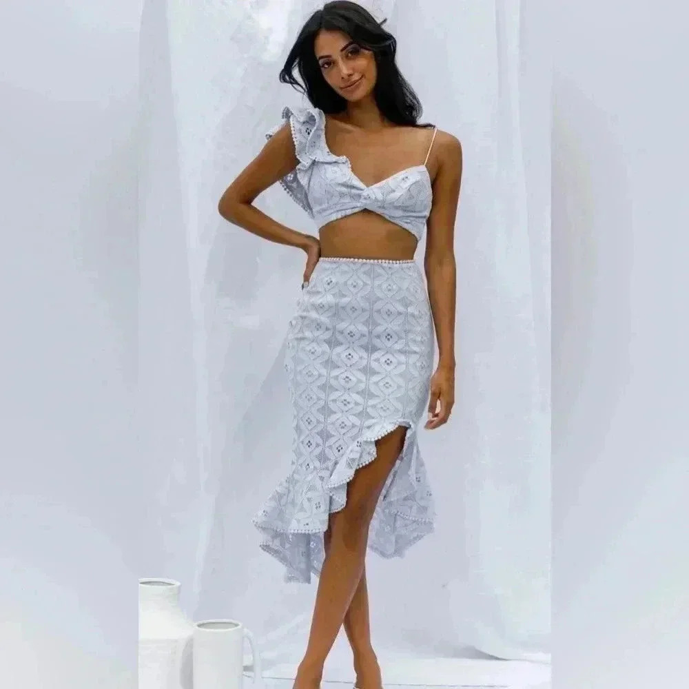 Selfie Leslie NWT Asymmetrical Ruffle Hem MIDI Skirt Two Piece Set Size Medium